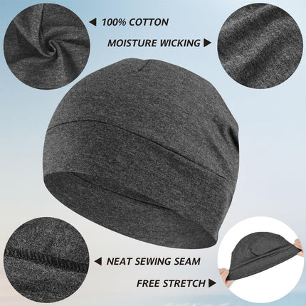 100% Cotton Beanie Hat, 2-Pack Unisex Skull Cap Helmet Liner for Running Cycling Skiing Sleeping Chemo Headwear