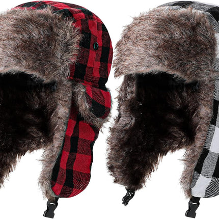 2 Pcs Buffalo Plaid Trapper Hats for Men Lumberjack Hat Ear Flap, Winter Xmas Warm Ushanka Cap Unisexs (Conventional Color)