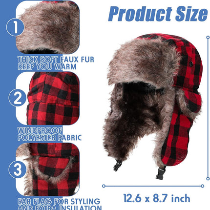 2 Pcs Buffalo Plaid Trapper Hats for Men Lumberjack Hat Ear Flap, Winter Xmas Warm Ushanka Cap Unisexs (Conventional Color)
