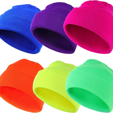 6 Pieces Neon Beanie Hat Acrylic Watch Winter Hat Plain Knit Long Skullcap Fisherman Beanie Unisex, Medium