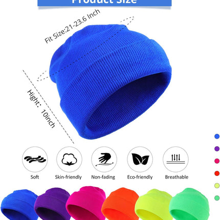 6 Pieces Neon Beanie Hat Acrylic Watch Winter Hat Plain Knit Long Skullcap Fisherman Beanie Unisex, Medium