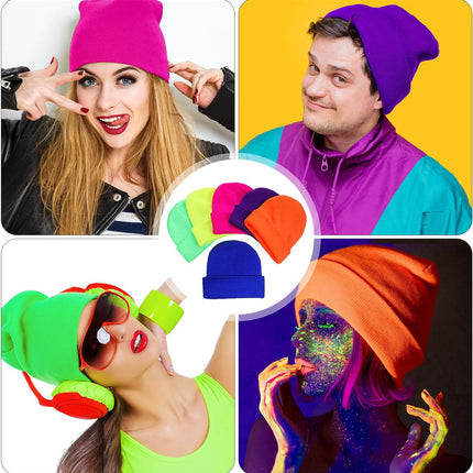 6 Pieces Neon Beanie Hat Acrylic Watch Winter Hat Plain Knit Long Skullcap Fisherman Beanie Unisex, Medium