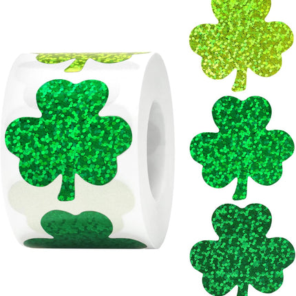 St.Patrick's Day Shamrock Stickers - 500Pcs 1.5'' Laser Shamrock Shape Stickers Roll Self Adhesive Holographic Green Irish Lucky Clover Sticker for Envelope Seal Card St.Patrick's Day (3 Color)
