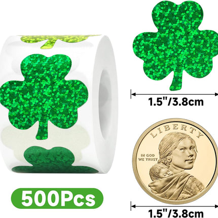 St.Patrick's Day Shamrock Stickers - 500Pcs 1.5'' Laser Shamrock Shape Stickers Roll Self Adhesive Holographic Green Irish Lucky Clover Sticker for Envelope Seal Card St.Patrick's Day (3 Color)