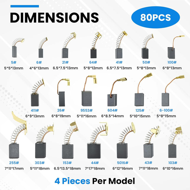 80Pcs Electric Motor Carbon Brushes Set, 20 Different Models Carbons Brushes, Carbon Brush Replacement for Carbons Brush Motor Maintenance