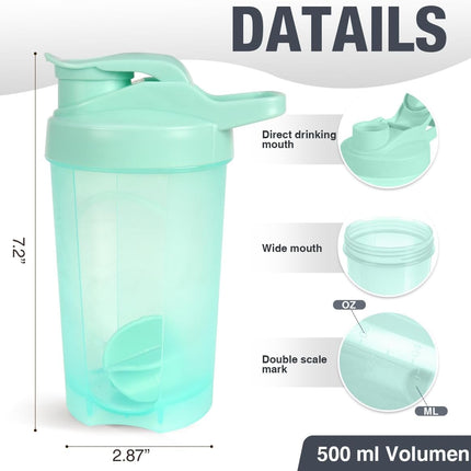 16oz Shaker Bottle, Leak Proof Sports Shaker for Protein Shakes, Pre Workout & Travel, BPA Free, Green, 16oz/500ml