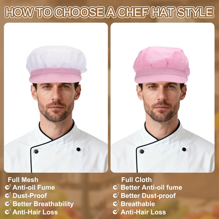 Chef Hat, Adjustable Elastic Band Cotton Baker Hat for Women and Men, Full Cloth Baker Hat Food Service Hair Nets