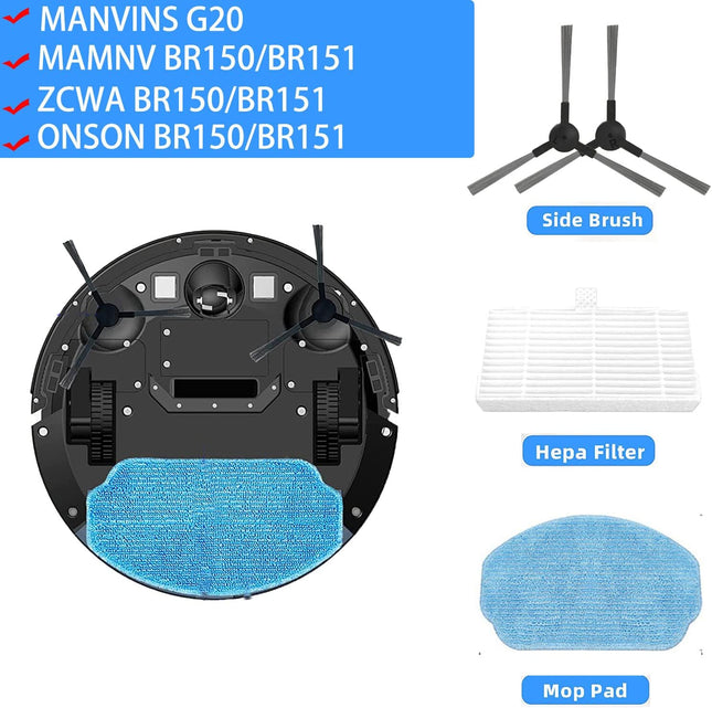 Replacement Parts for MAMNV for ZCWA for ONSON BR150/BR151, for MANVINS G20 2-in-1 Vacuum Cleaner Accessories Kit, 4 Side Brush, 2 Hepa Filter, 1 Mop Pad