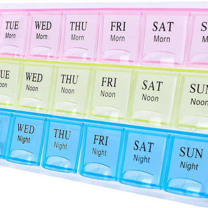 7 Day Pill Organizer 3 Compartments AM PM Evening 21 Slot Weekly Medication Storage Box