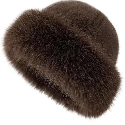 Fluffy Faux Fur Winter Hat - Soft Plush Warm Cold Weather Accessory - Brown