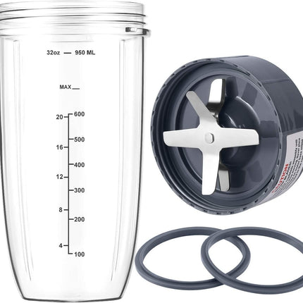 New Blender Cup and Blade Replacement Parts 32oz Cup and Extractor Blade and 2 Rubber Gaskets 4-Piece Compatible with NutriBullet High-Speed Blender/Mixer System 600W/900W Series