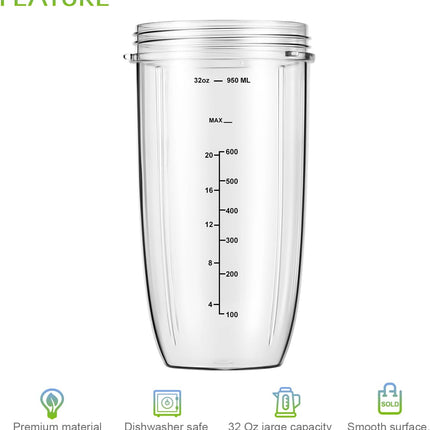 New Blender Cup and Blade Replacement Parts 32oz Cup and Extractor Blade and 2 Rubber Gaskets 4-Piece Compatible with NutriBullet High-Speed Blender/Mixer System 600W/900W Series