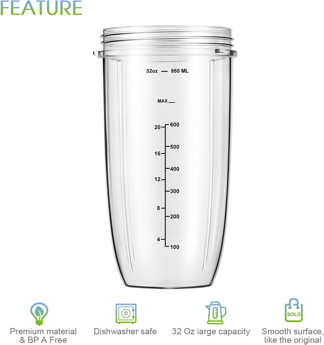 New Blender Cup and Blade Replacement Parts 32oz Cup and Extractor Blade and 2 Rubber Gaskets 4-Piece Compatible with NutriBullet High-Speed Blender/Mixer System 600W/900W Series