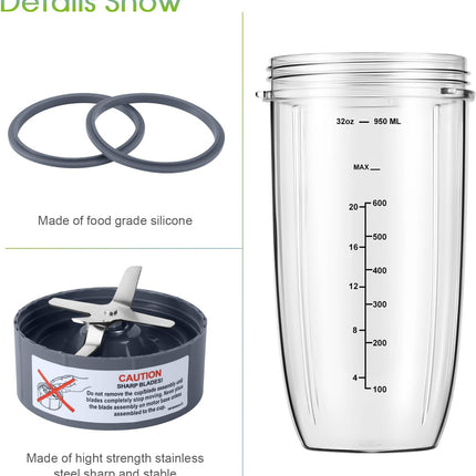 New Blender Cup and Blade Replacement Parts 32oz Cup and Extractor Blade and 2 Rubber Gaskets 4-Piece Compatible with NutriBullet High-Speed Blender/Mixer System 600W/900W Series