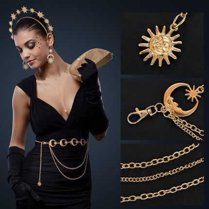 Glenmal 4 Pieces Celestial Jewelry Moon Stars Crown Necklaces and Body Chain Headband Drop Earrings for Women