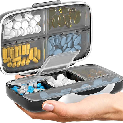 Travel Pill Organizer - Airtight Medicine Case for Traveling Portable Pharmacy Box with Labels Vitamin Container 8 Compartment Supplement Medication Holder Large Capacity Daily Essentials Storage Black