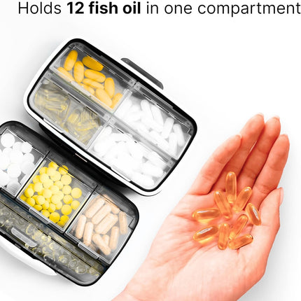 Travel Pill Organizer - Airtight Medicine Case for Traveling Portable Pharmacy Box with Labels Vitamin Container 8 Compartment Supplement Medication Holder Large Capacity Daily Essentials Storage Black