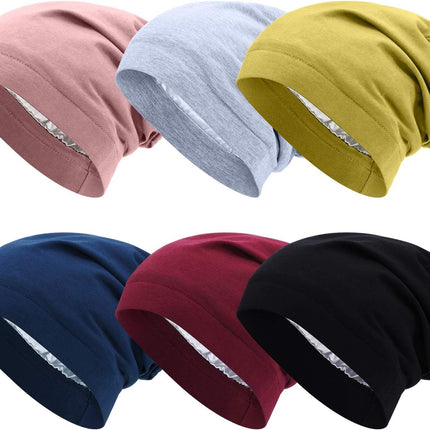 6 Pieces Satin Lined Sleep Cap Slouchy Skull Beanie Hat Night Hair Cap Headwear Head Wrap for Curly Hair Women Girl
