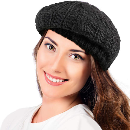 2 Pcs Women Crochet Beret Solid Color Knit Beanie Hats Lightweight Ladies Slouchy French Beret Hats (Black, Beige)