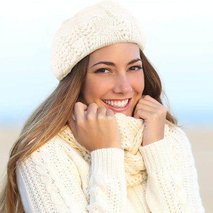 2 Pcs Women Crochet Beret Solid Color Knit Beanie Hats Lightweight Ladies Slouchy French Beret Hats (Black, Beige)