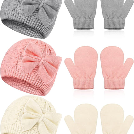 3 Set Toddler Hat Glove Set, Kids Winter Hats Warm Knitted Beanie Mittens Gloves with Bow for Baby Girls Boys 0-6Y