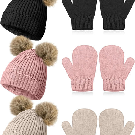3 Set Toddler Hat Glove Set, Kids Winter Hats Warm Knitted Beanie Mittens Gloves with Bow for Baby Girls Boys 0-6Y