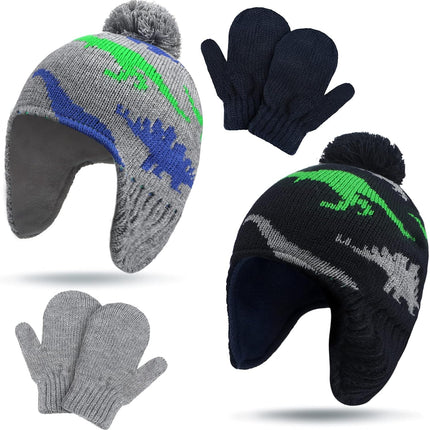 4 PCS Baby Boy Toddler Dinosaur Hat and Glove Set Boys Winter Hat Beanie Kids Gloves Winter Earflap Beanie Fleece Skiing Caps with Warm Ear Flap (Grey, Navy Blue, Green, Blue)