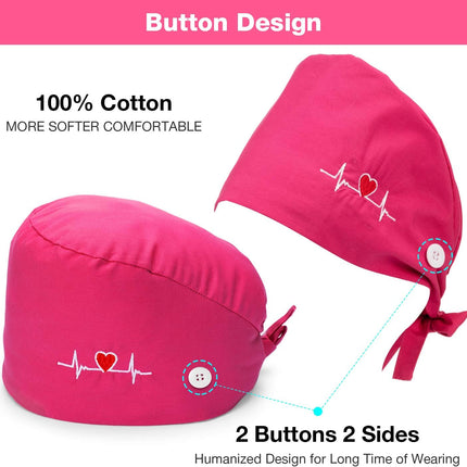 5 Pieces Bouffant Cap with Buttons Unisex Sweatband Adjustable Tie Back Hat