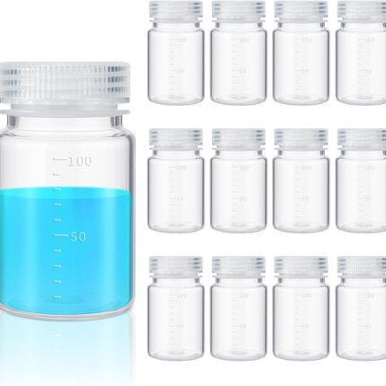 12 Pcs Plastic Sample Bottles with Screw Cap, Liquid Containers with Lid for Lab Reagent Sample Medicine Pill Water Storage, Travel Bottles(Clear,3oz 100ml,Wide Mouth-white Scale)