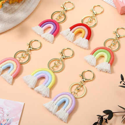 Landhoow 6 Pcs Boho Rainbow Keychains Bulk Women Macrame Rainbow Key Chains Mini Tassel Keychains Car Keyrings Holder(Pastel Color)
