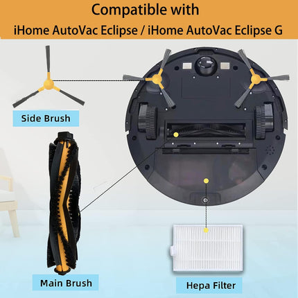 Replacement Parts for iHome AutoVac Eclipse/Eclipse G Robot Vacuum Spare Accessories, 1 Main Roller Brush,4 Side Brushes, 2 Hepa Filters
