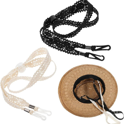 2 PCS Hat Straps for Wind, Adjustable Beige Black Chin Cord, Lace Sun Hat Chin Strap with Clips, Replacement Lace Windproof Keeper String for Women Outdoor Hats