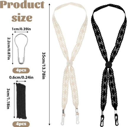 2 PCS Hat Straps for Wind, Adjustable Beige Black Chin Cord, Lace Sun Hat Chin Strap with Clips, Replacement Lace Windproof Keeper String for Women Outdoor Hats