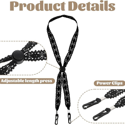 2 PCS Hat Straps for Wind, Adjustable Beige Black Chin Cord, Lace Sun Hat Chin Strap with Clips, Replacement Lace Windproof Keeper String for Women Outdoor Hats