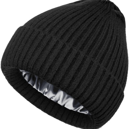 Satin Lined Wool Beanie Hat for Women Men Winter Cold, Warm Knit Fashion Cuffed Beanie Skull Cap Watch Cap