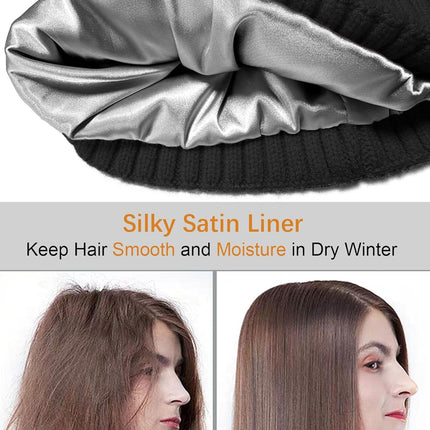 Satin Lined Wool Beanie Hat for Women Men Winter Cold, Warm Knit Fashion Cuffed Beanie Skull Cap Watch Cap