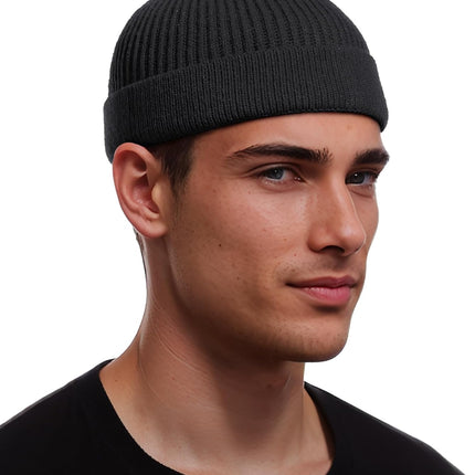 Thin Wool Fisherman Beanie for Men Women, Short Knit Cuff Trawler Watch Hats