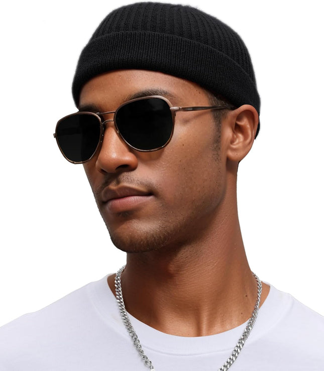 Thin Wool Fisherman Beanie for Men Women, Short Knit Cuff Trawler Watch Hats