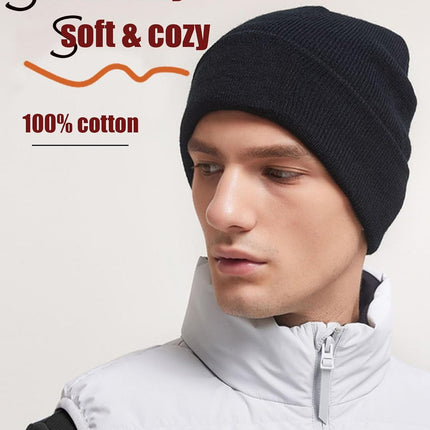 100% Cotton Beanie Hat- Unisex Ultra Soft Winter Warm Stretch Knit Cuffed Hats Fisherman Beanies Skull Cap