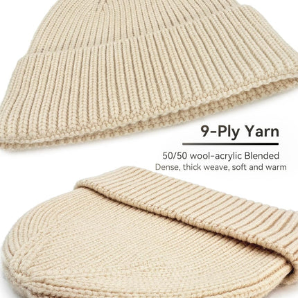 50% Wool Thick Beanie Hat for Men Women, Seamless Winter Knit Skull Cap, Cuffed Fisherman Beanie Warm Watch Cap