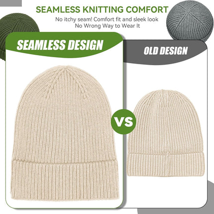 50% Wool Thick Beanie Hat for Men Women, Seamless Winter Knit Skull Cap, Cuffed Fisherman Beanie Warm Watch Cap