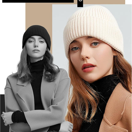 50% Wool Thick Beanie Hat for Men Women, Seamless Winter Knit Skull Cap, Cuffed Fisherman Beanie Warm Watch Cap