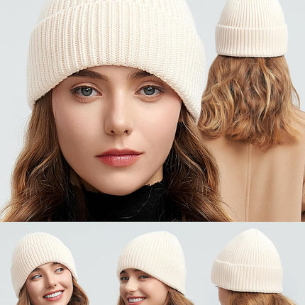 50% Wool Thick Beanie Hat for Men Women, Seamless Winter Knit Skull Cap, Cuffed Fisherman Beanie Warm Watch Cap