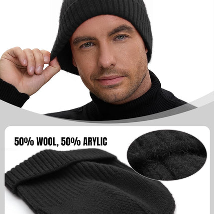 50% Wool Double Cuff Knit Beanie Hat for Men Women, Short Fisherman/Slouchy Warm Winter Skull Cap Trawler Watch Cap