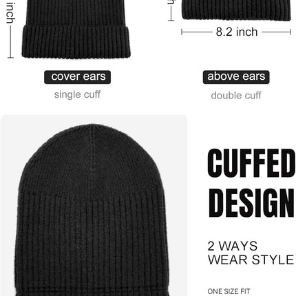 50% Wool Double Cuff Knit Beanie Hat for Men Women, Short Fisherman/Slouchy Warm Winter Skull Cap Trawler Watch Cap