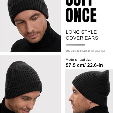 50% Wool Double Cuff Knit Beanie Hat for Men Women, Short Fisherman/Slouchy Warm Winter Skull Cap Trawler Watch Cap