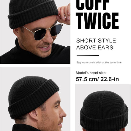 50% Wool Double Cuff Knit Beanie Hat for Men Women, Short Fisherman/Slouchy Warm Winter Skull Cap Trawler Watch Cap