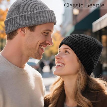 50% Wool Double Cuff Knit Beanie Hat for Men Women, Short Fisherman/Slouchy Warm Winter Skull Cap Trawler Watch Cap