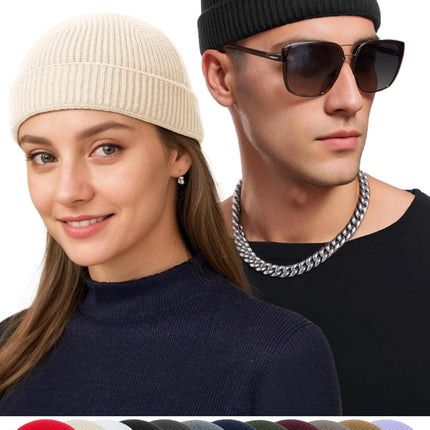 Thin Wool Fisherman Beanie Hat for Men Women Fall Winter,Short Knit Cuffed Fashion Trawler Skull Cap,Watch Cap