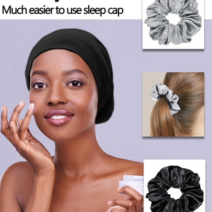 Sleep Cap Bonnet for Sleeping Black Women, Adjtable Cooling Ice Silk Lined Bonnet for Curly Braids Hair Cover Beanie Hat